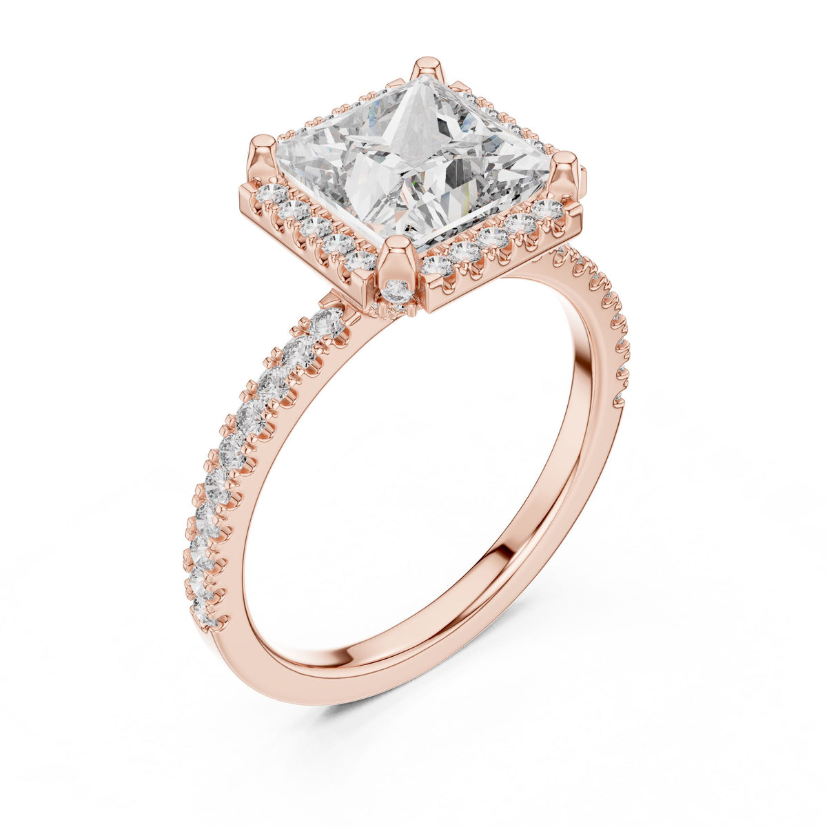 Princess Halo Pave Diamond Ring with Lab-Grown Diamonds, 14K Gold, Rose Gold