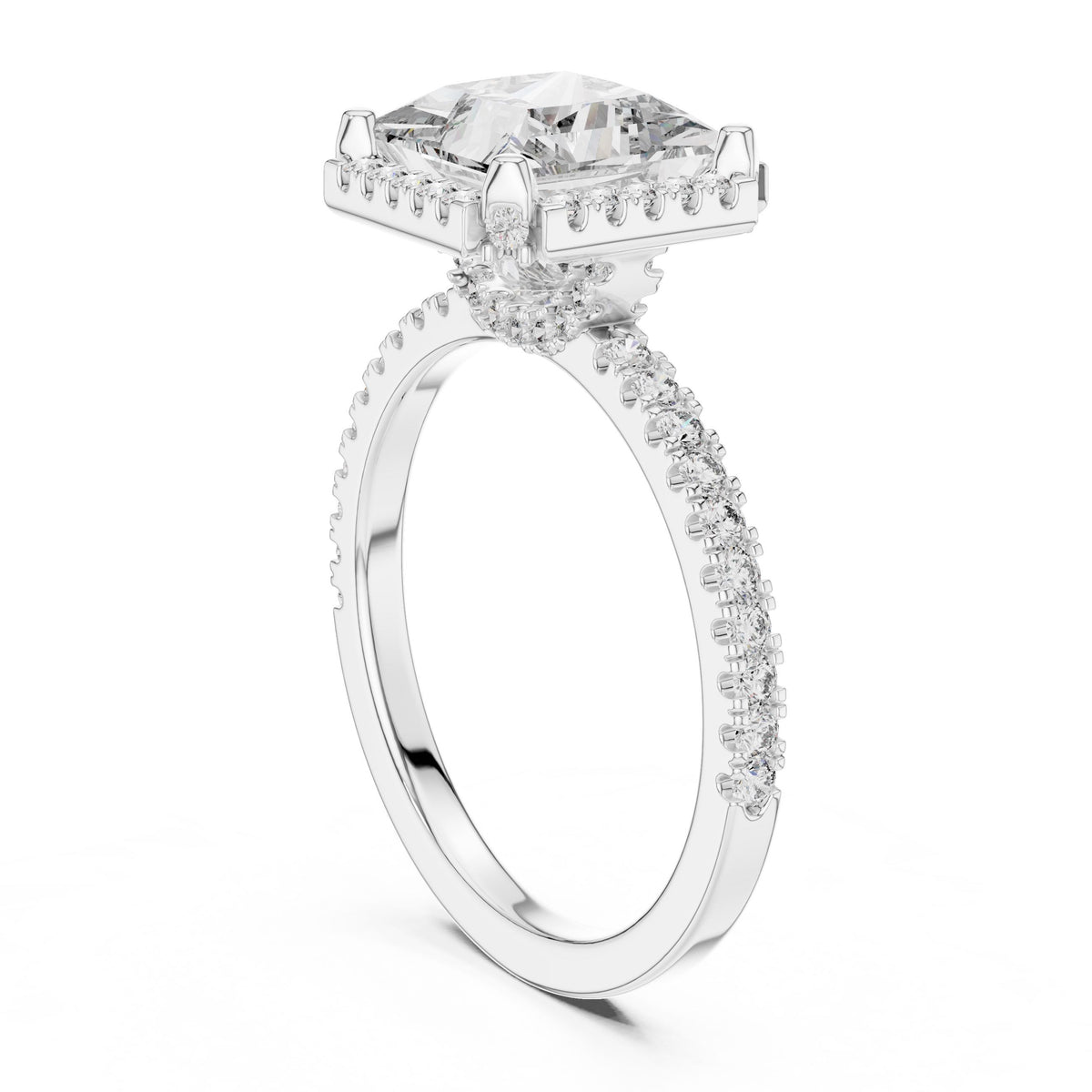 Princess Halo Pave Diamond Ring with Lab-Grown Diamonds, 18K Gold, White Gold