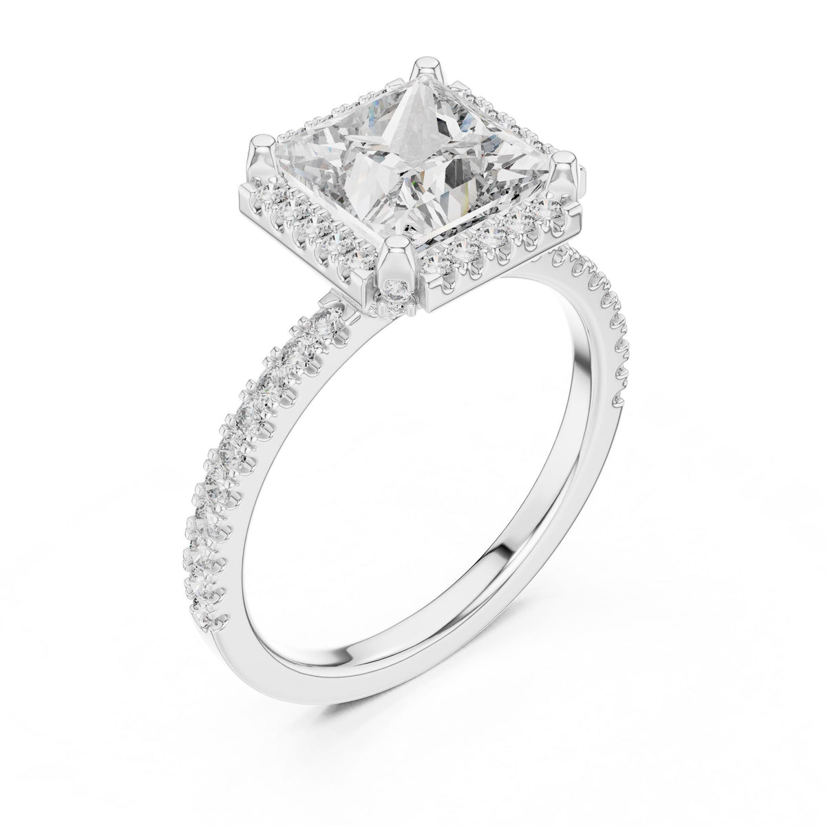Princess Halo Pave Diamond Ring with Lab-Grown Diamonds, 14K Gold, White Gold