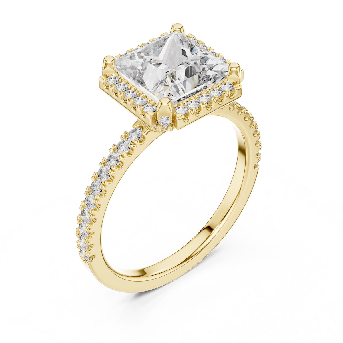 Princess Halo Pave Diamond Ring with Lab-Grown Diamonds, 14K Gold, Yellow Gold