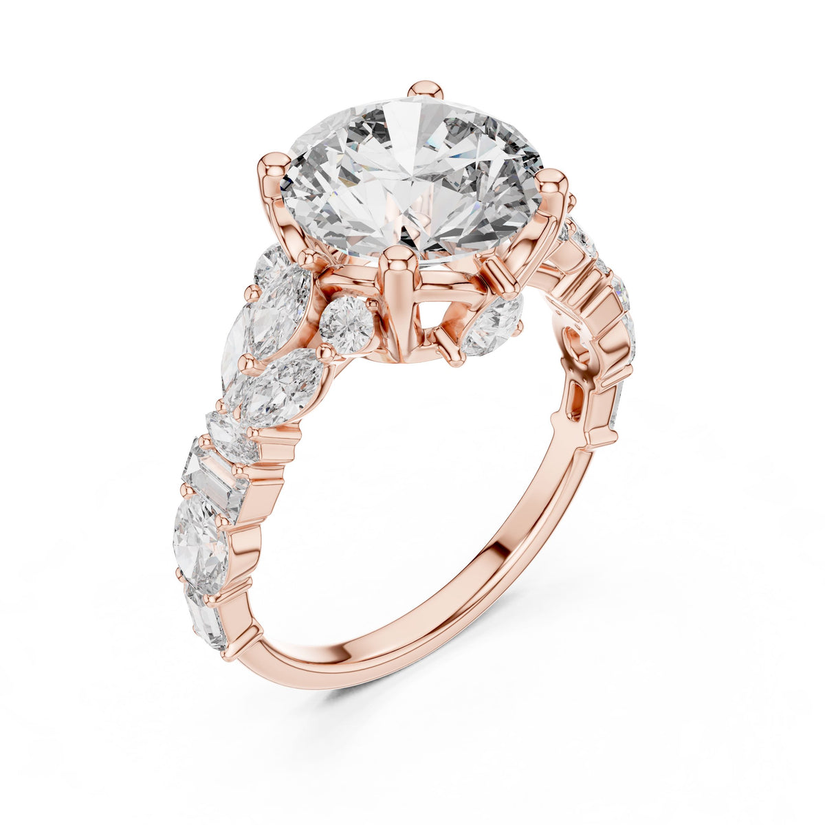 Mixed-Cut Round Centre Diamond Ring with Lab-Grown Diamonds, 14K Gold, Rose Gold