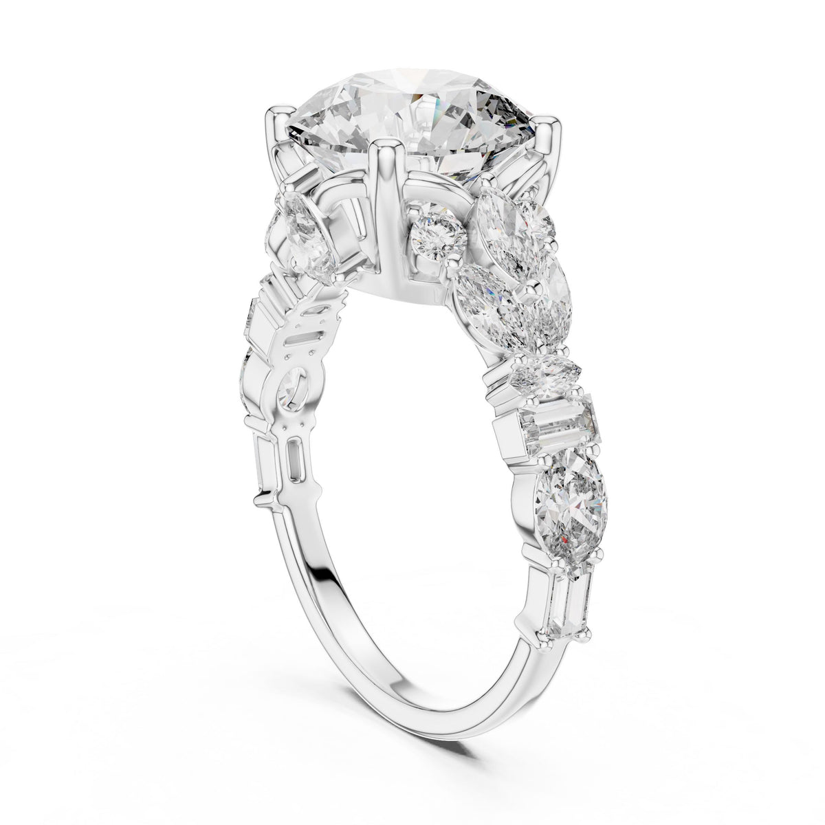 Mixed-Cut Round Centre Diamond Ring with Lab-Grown Diamonds, 18K Gold, White Gold