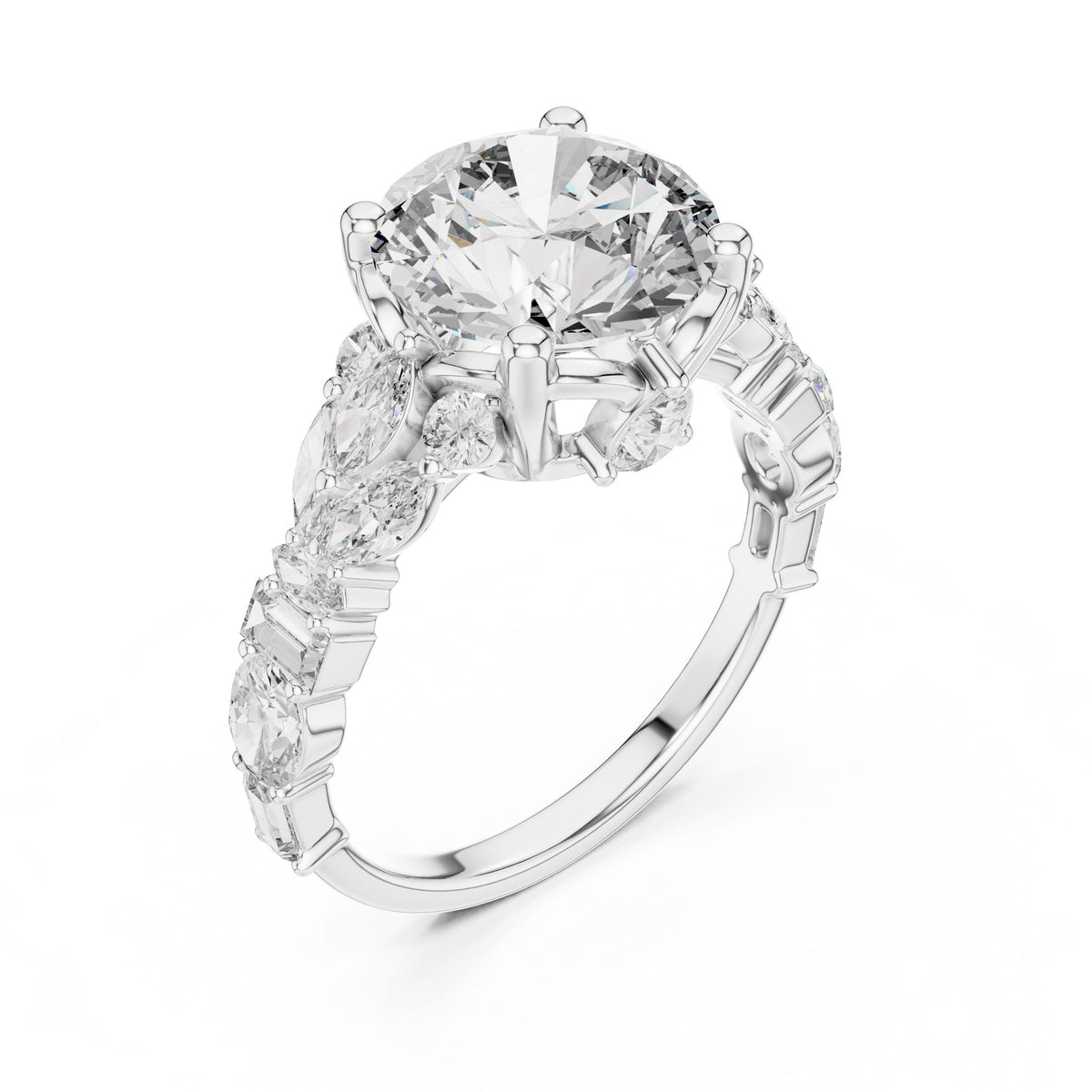Mixed-Cut Round Centre Diamond Ring with Lab-Grown Diamonds, 14K Gold, White Gold