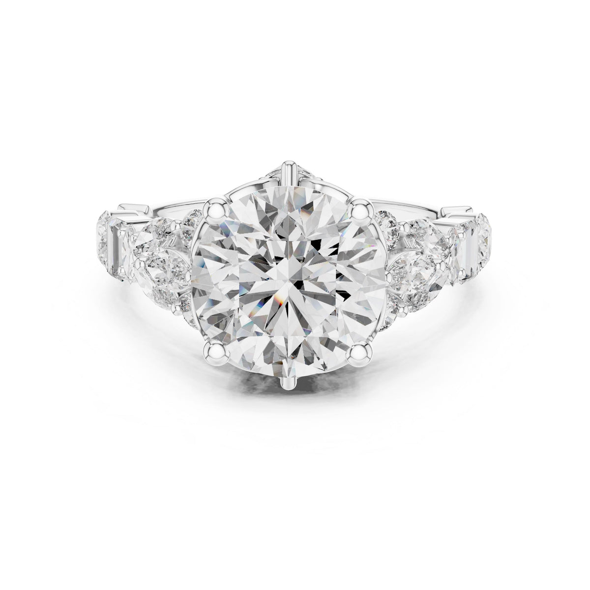 Mixed-Cut Round Centre Diamond Ring with Lab-Grown Diamonds, Vermil – 925 Silver with 18K Gold Plating, White Gold