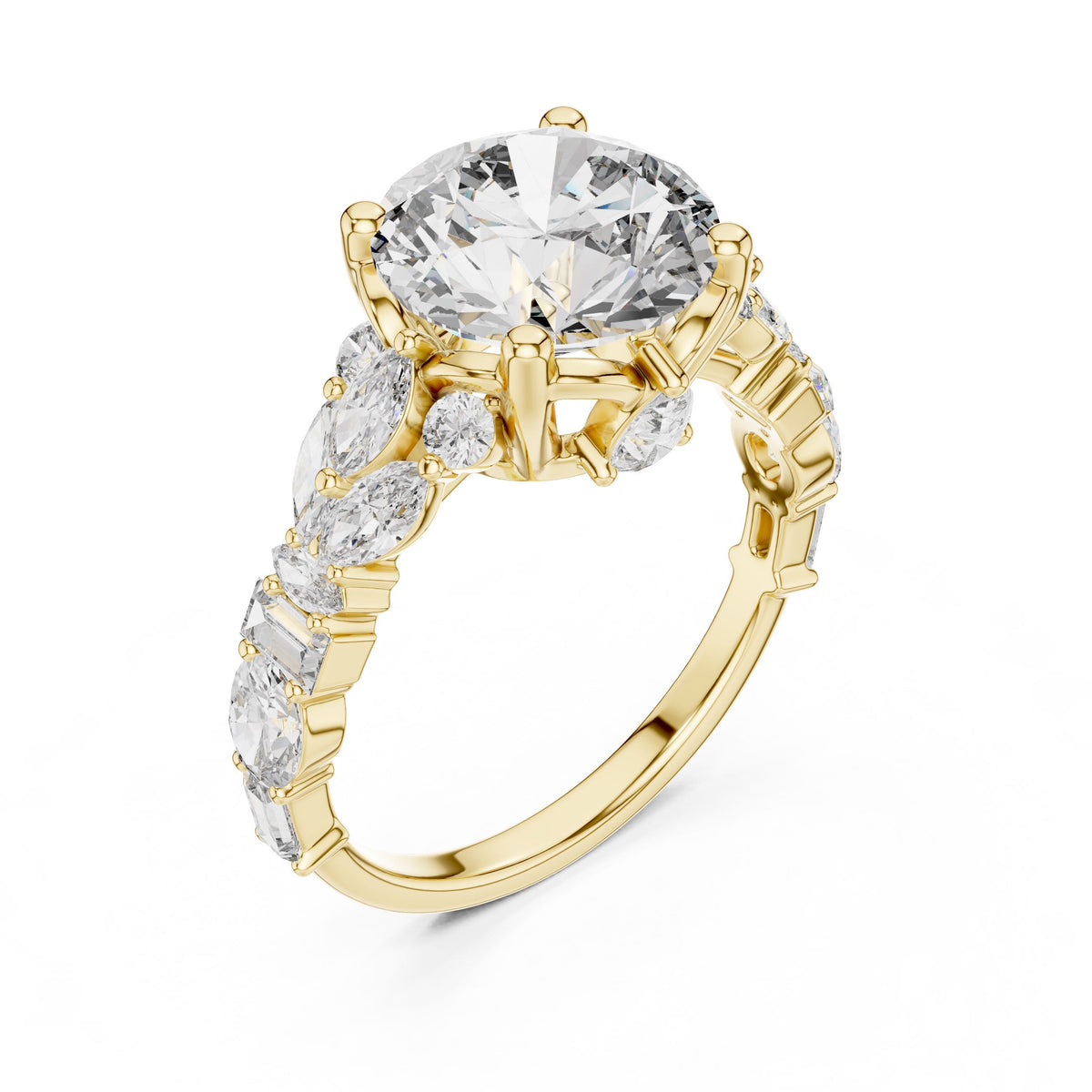 Mixed-Cut Round Centre Diamond Ring with Lab-Grown Diamonds, 14K Gold, Yellow Gold