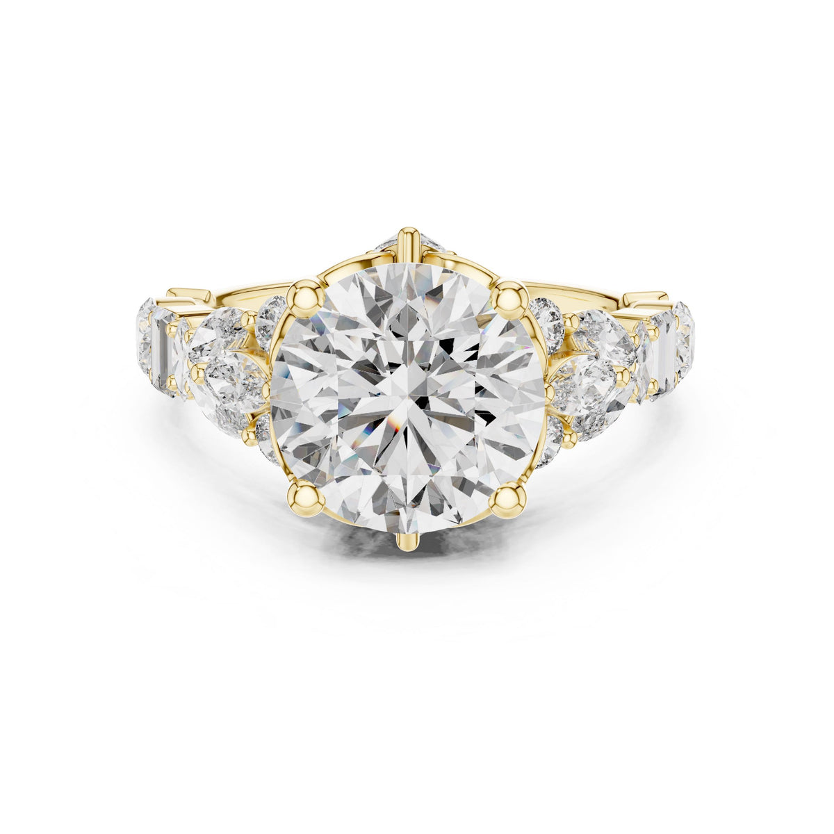 Mixed-Cut Round Centre Diamond Ring with Lab-Grown Diamonds, Vermil – 925 Silver with 18K Gold Plating, Yellow Gold
