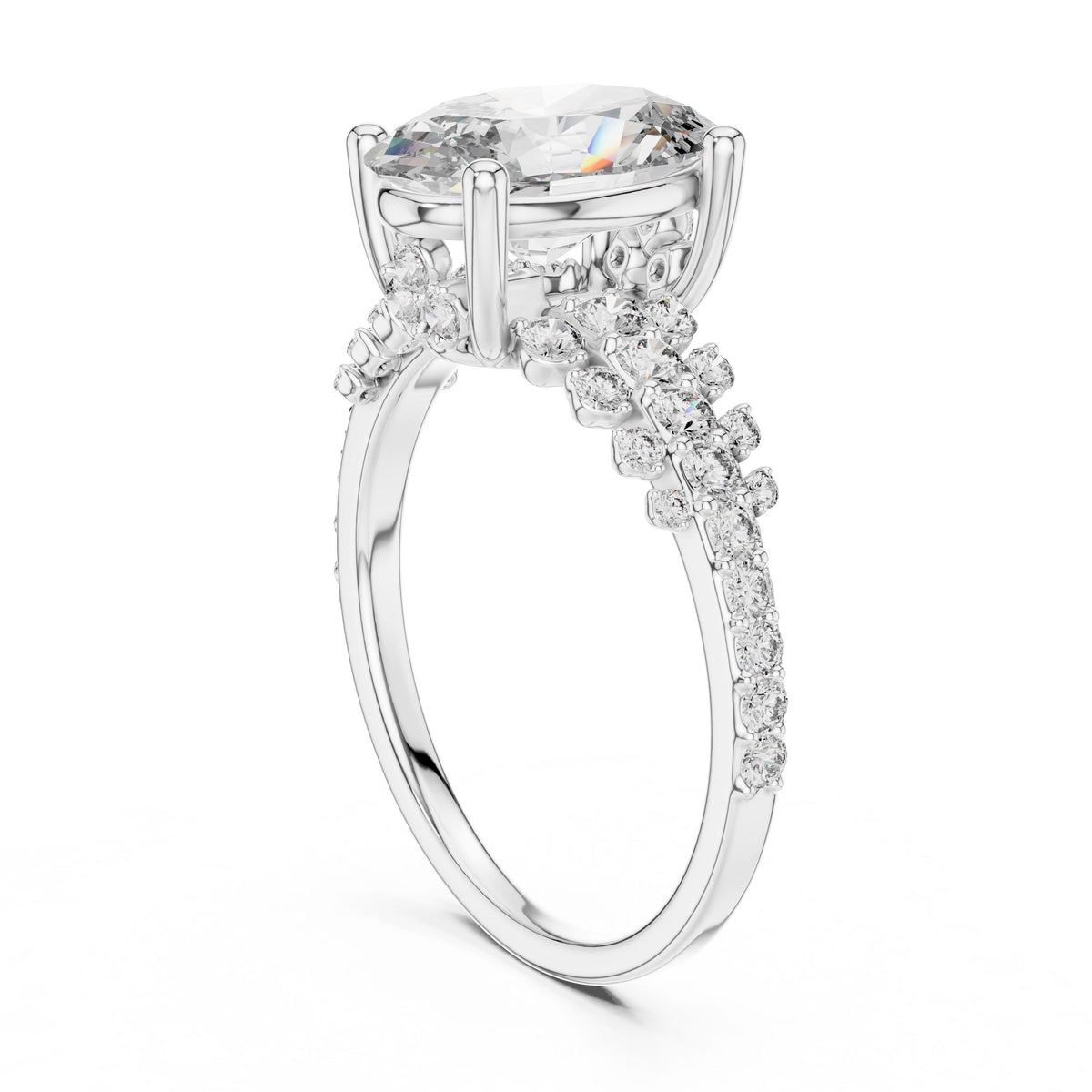 Oval Centre Graduated Pave Diamond Ring with Lab-Grown Diamonds, 18K Gold, White Gold