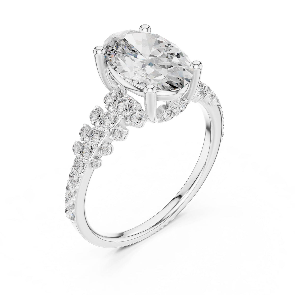 Oval Centre Graduated Pave Diamond Ring with Lab-Grown Diamonds, 14K Gold, White Gold