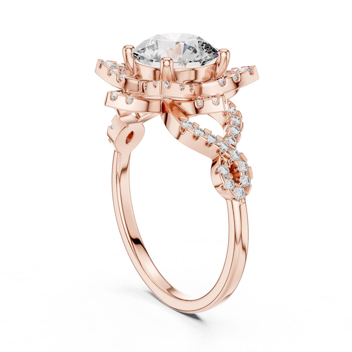 Floral Halo Round Diamond Ring with Lab-Grown Diamonds, 18K Gold, Rose Gold