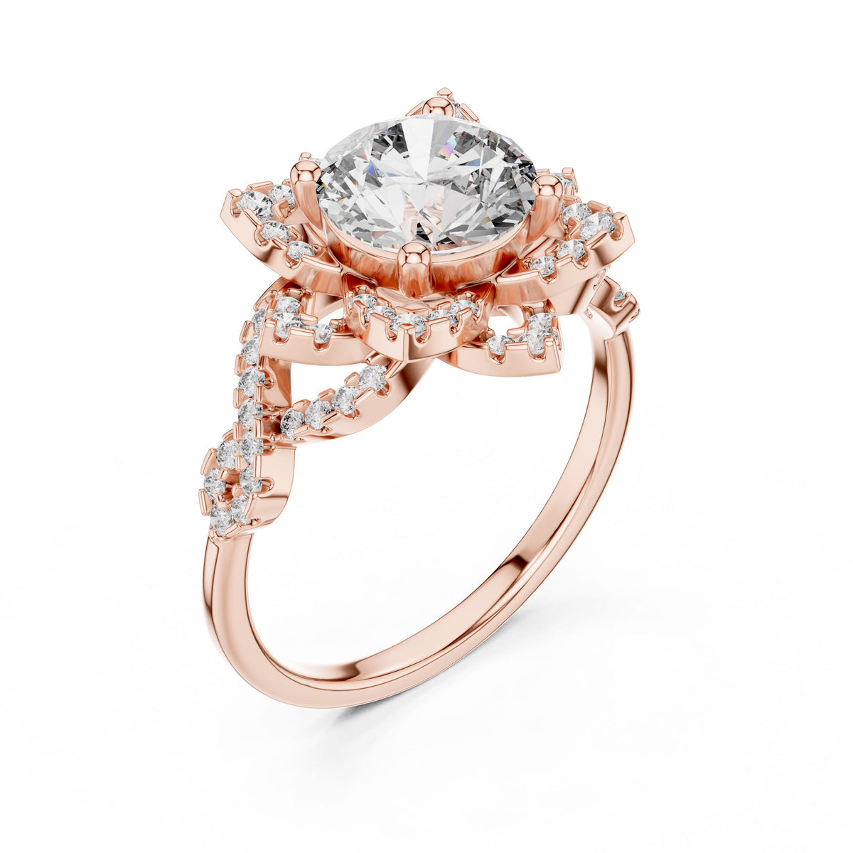 Floral Halo Round Diamond Ring with Lab-Grown Diamonds, 14K Gold, Rose Gold