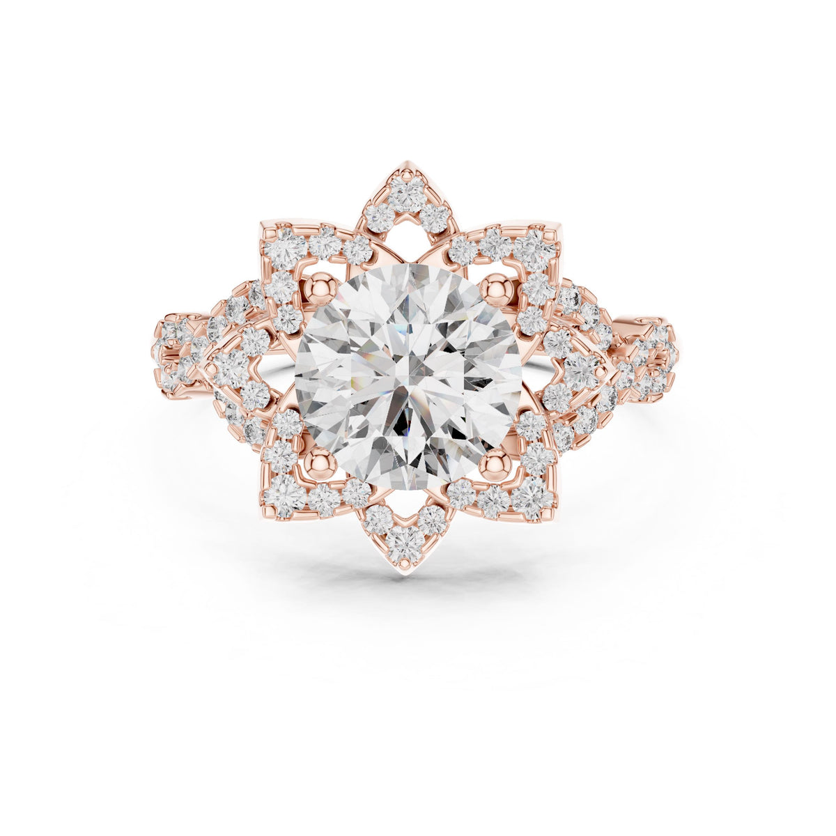 Floral Halo Round Diamond Ring with Lab-Grown Diamonds, Vermil – 925 Silver with 18K Gold Plating, Rose Gold