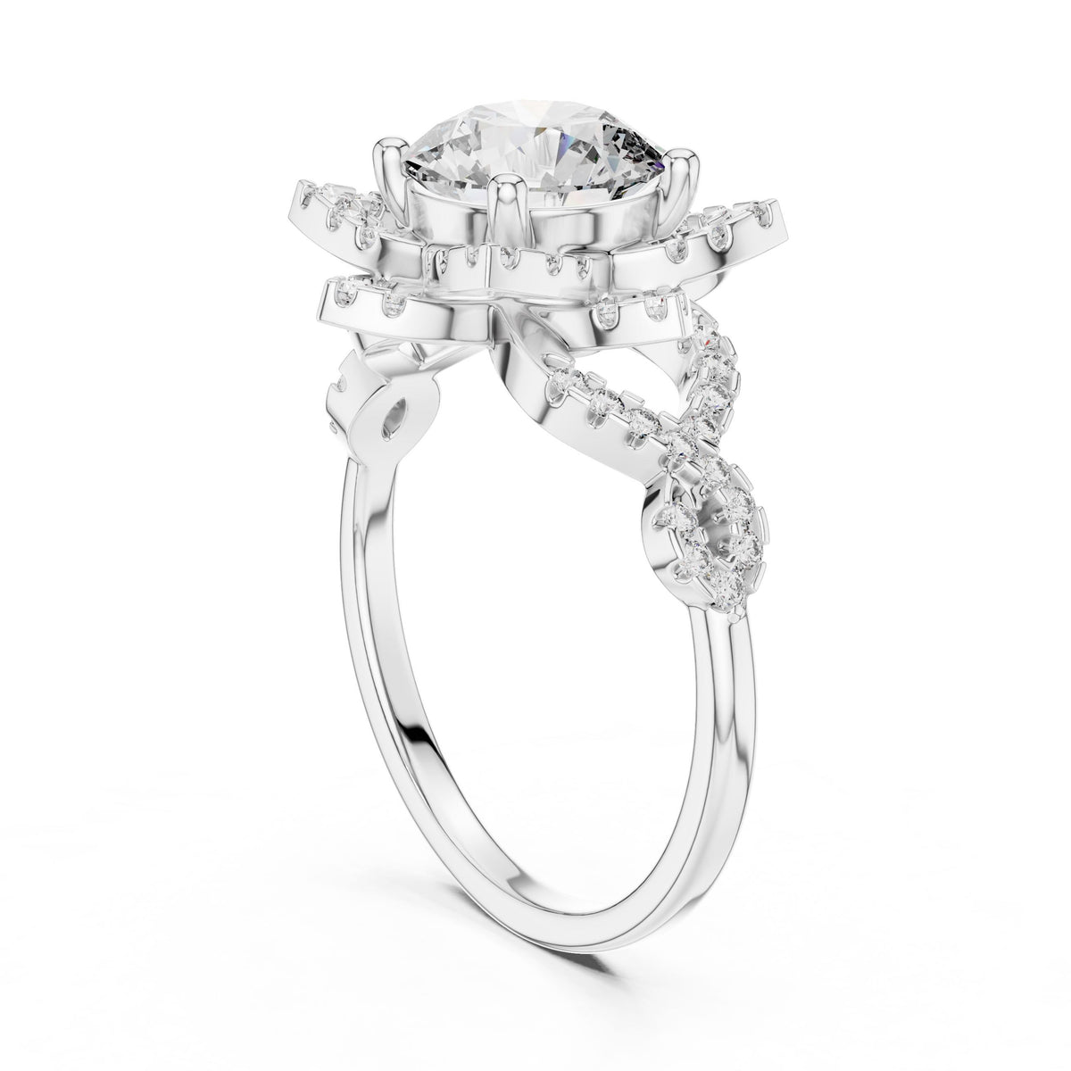 Floral Halo Round Diamond Ring with Lab-Grown Diamonds, 18K Gold, White Gold