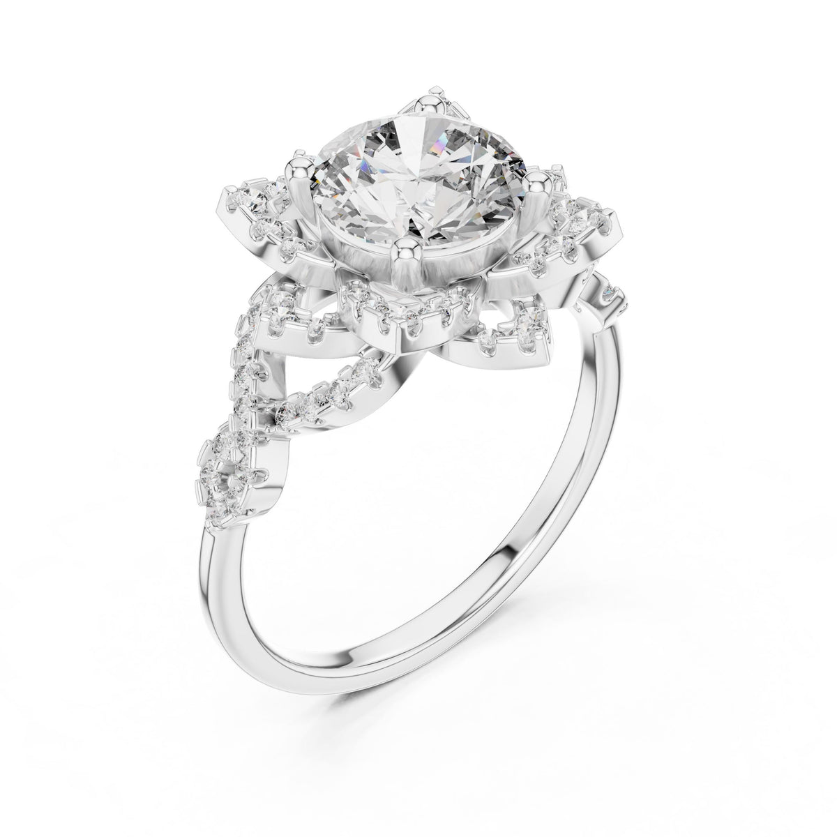 Floral Halo Round Diamond Ring with Lab-Grown Diamonds, 14K Gold, White Gold
