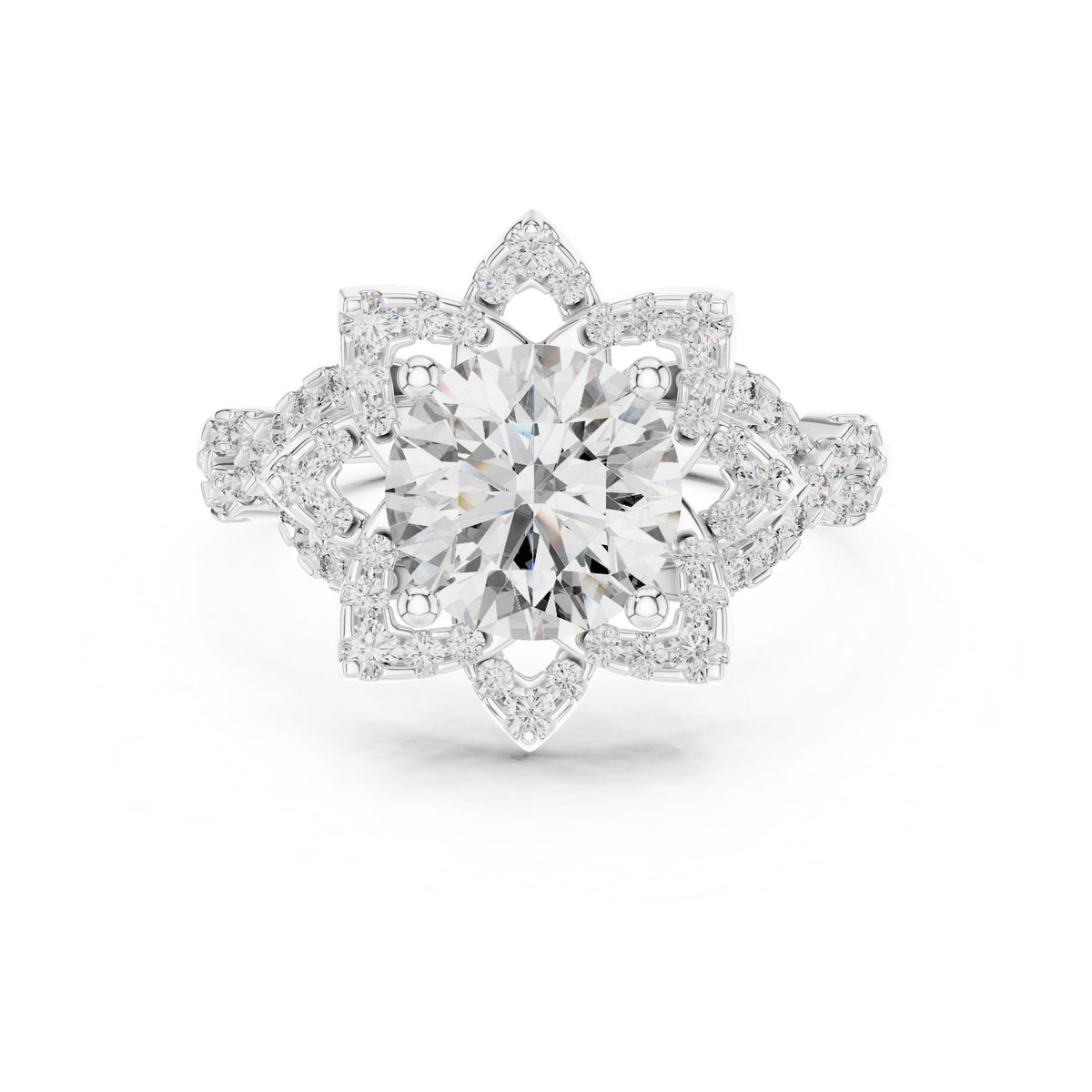 Floral Halo Round Diamond Ring with Lab-Grown Diamonds, Vermil – 925 Silver with 18K Gold Plating, White Gold