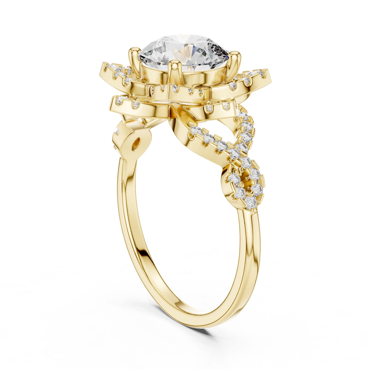 Floral Halo Round Diamond Ring with Lab-Grown Diamonds, 18K Gold, Yellow Gold