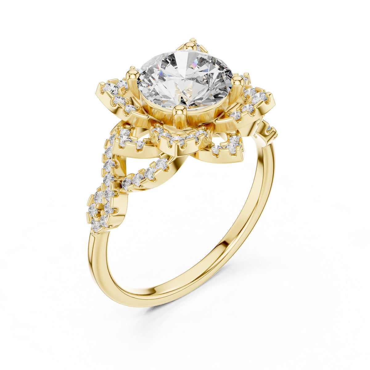 Floral Halo Round Diamond Ring with Lab-Grown Diamonds, 14K Gold, Yellow Gold