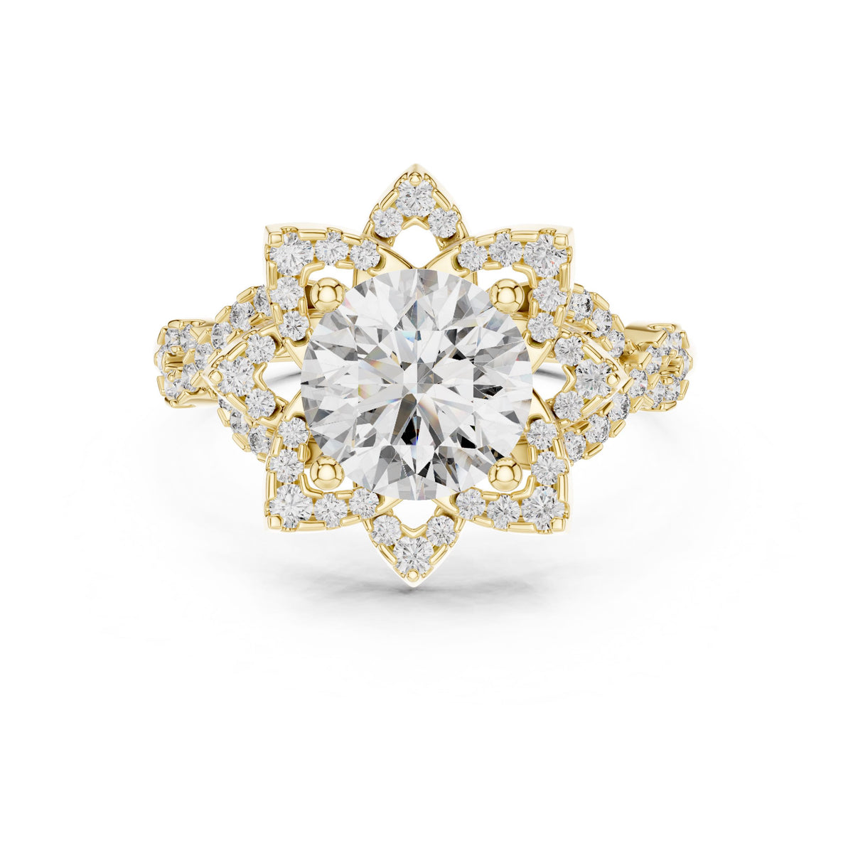 Floral Halo Round Diamond Ring with Lab-Grown Diamonds, Vermil – 925 Silver with 18K Gold Plating, Yellow Gold