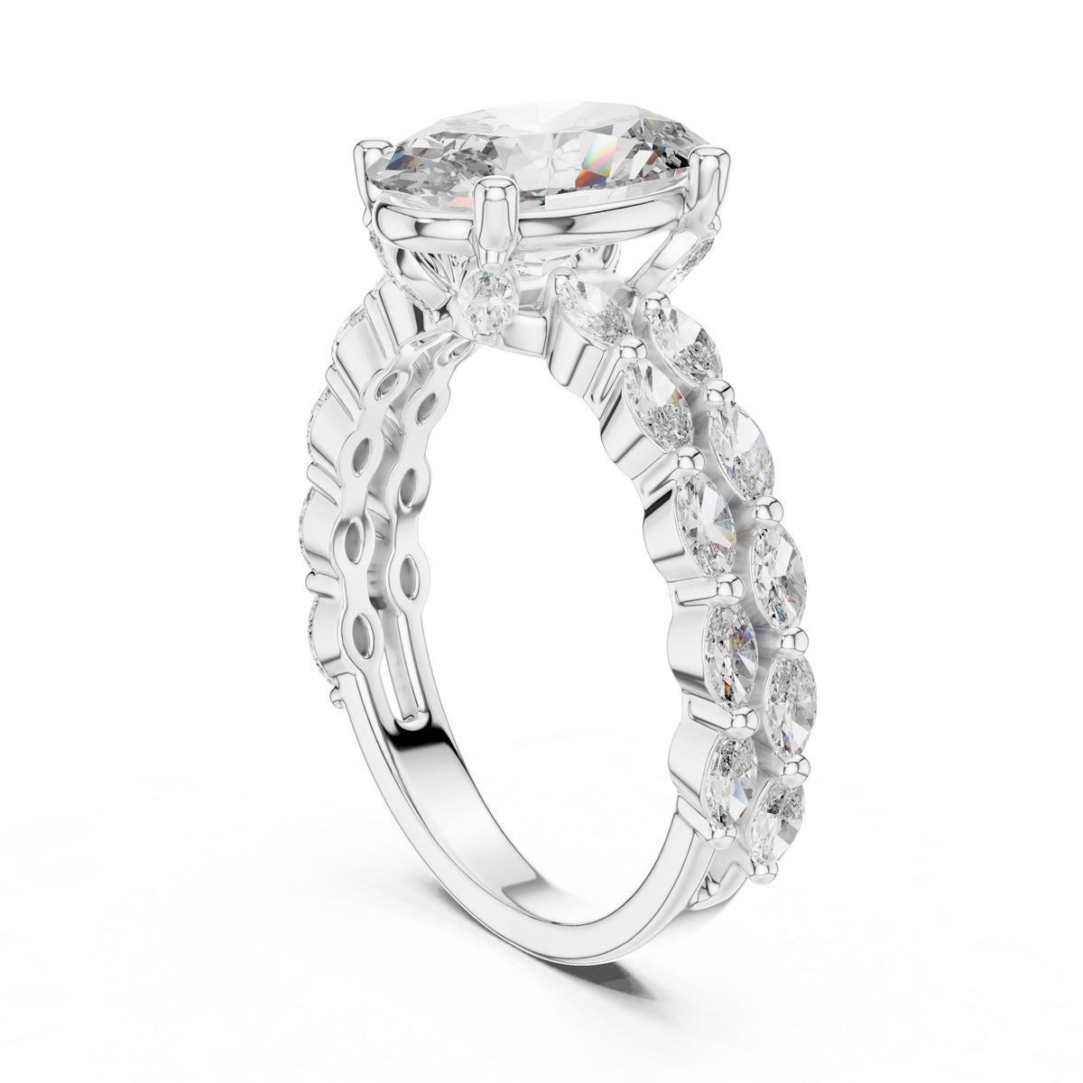 Oval & Marquise Double-Row Diamond Ring with Lab-Grown Diamonds, 18K Gold, White Gold