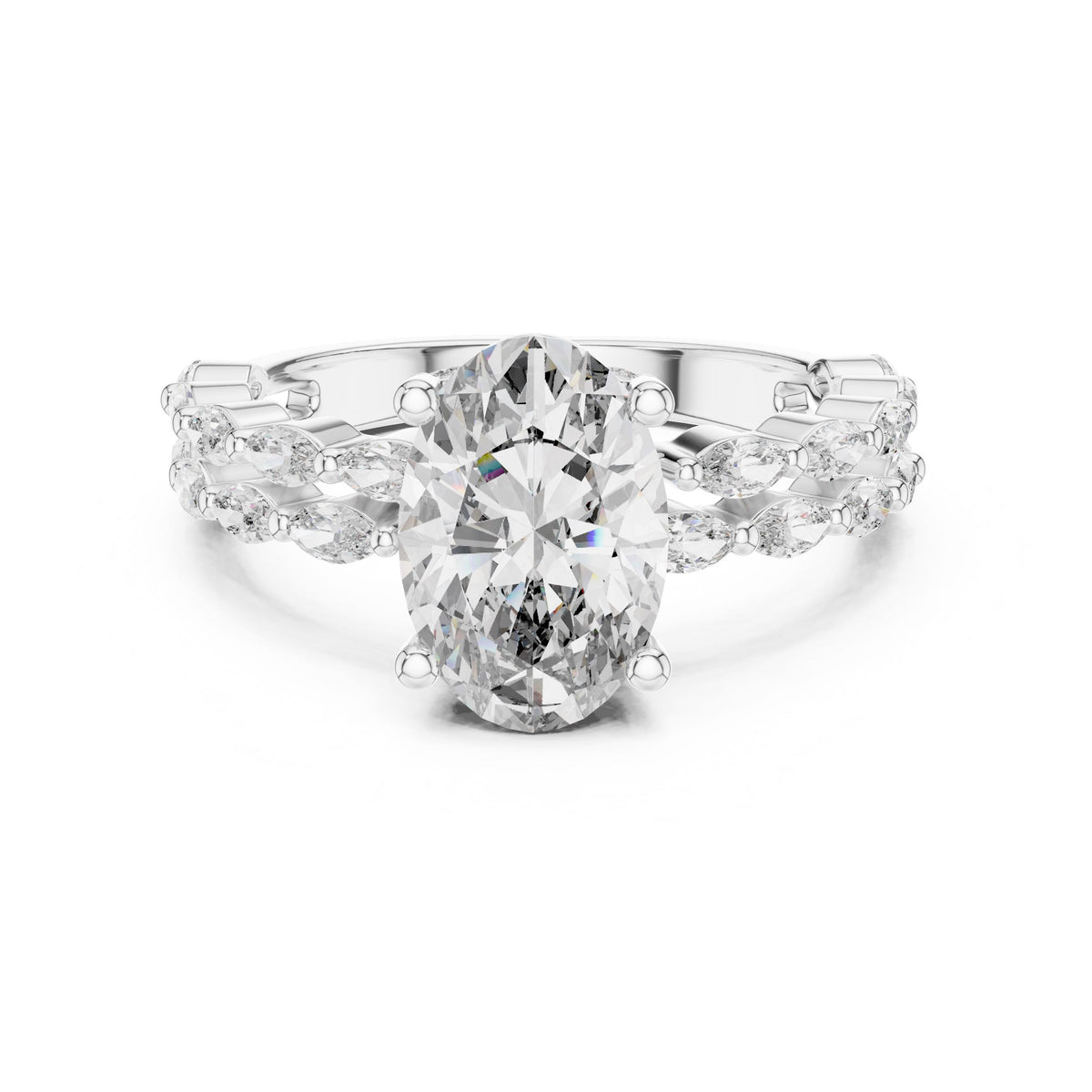 Oval & Marquise Double-Row Diamond Ring with Lab-Grown Diamonds, Vermil – 925 Silver with 18K Gold Plating, White Gold