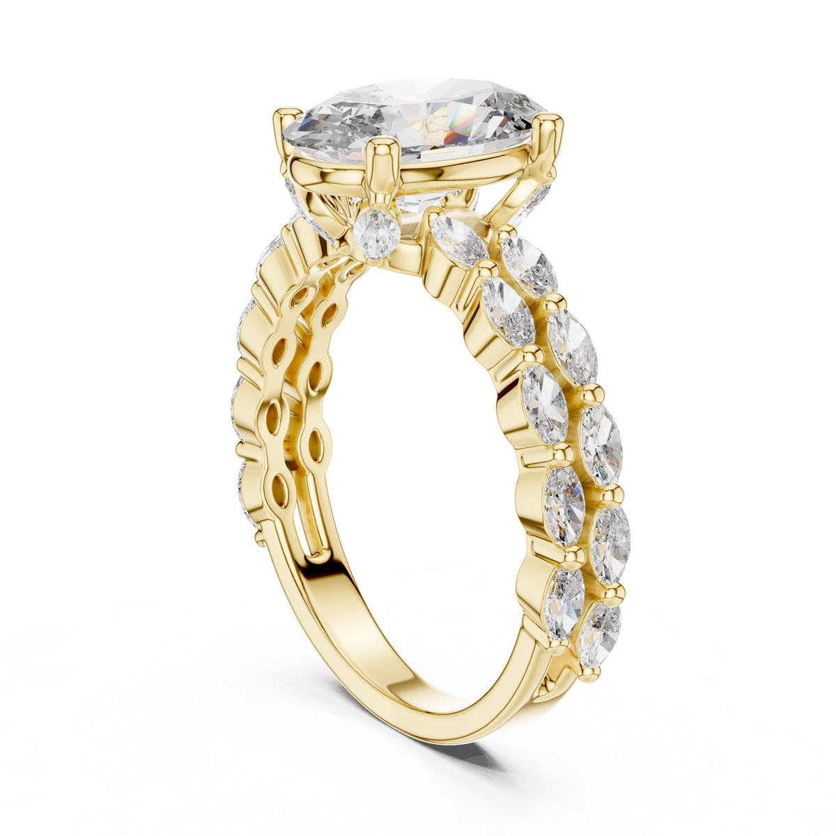 Oval & Marquise Double-Row Diamond Ring with Lab-Grown Diamonds, 18K Gold, Yellow Gold