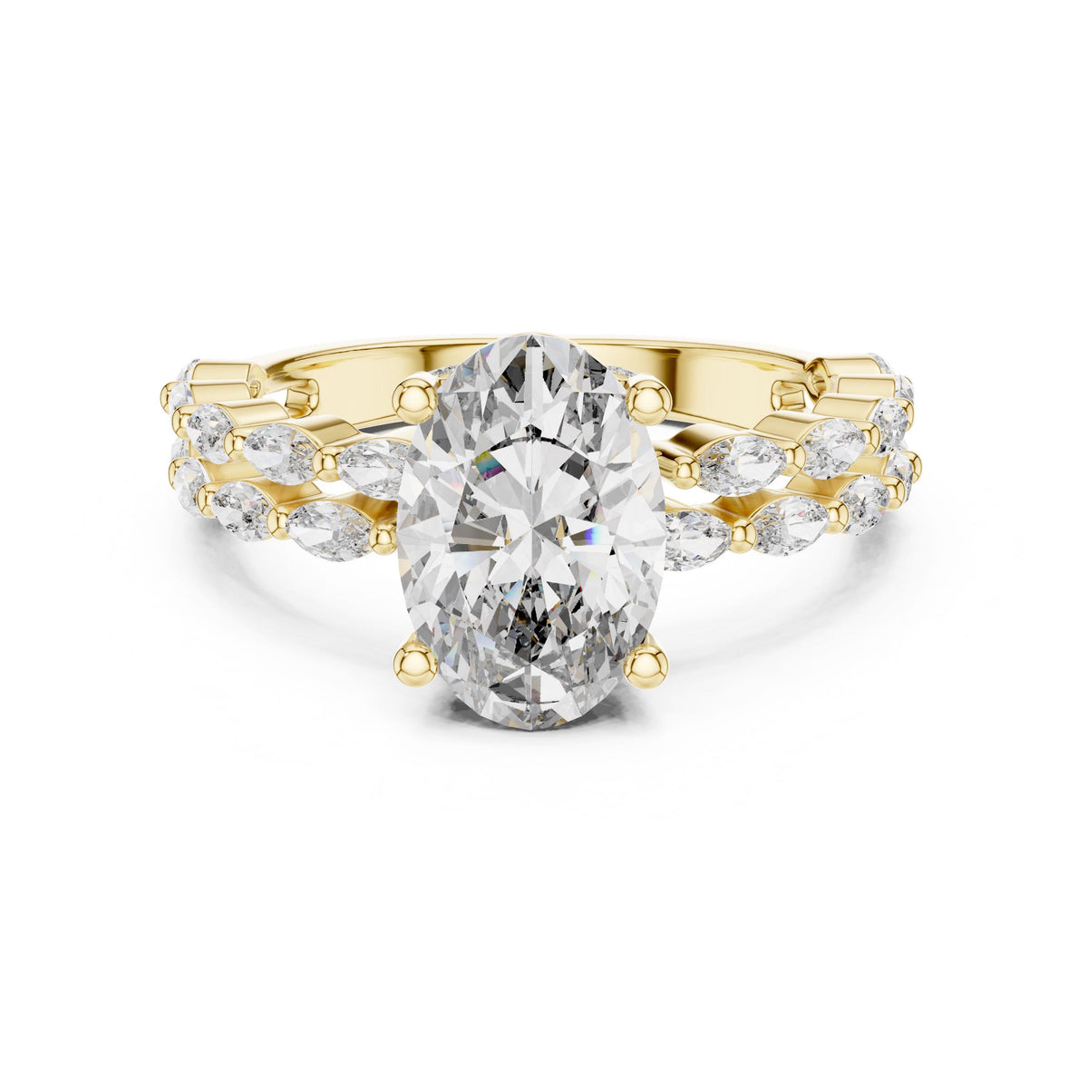 Oval & Marquise Double-Row Diamond Ring with Lab-Grown Diamonds, Vermil – 925 Silver with 18K Gold Plating, Yellow Gold
