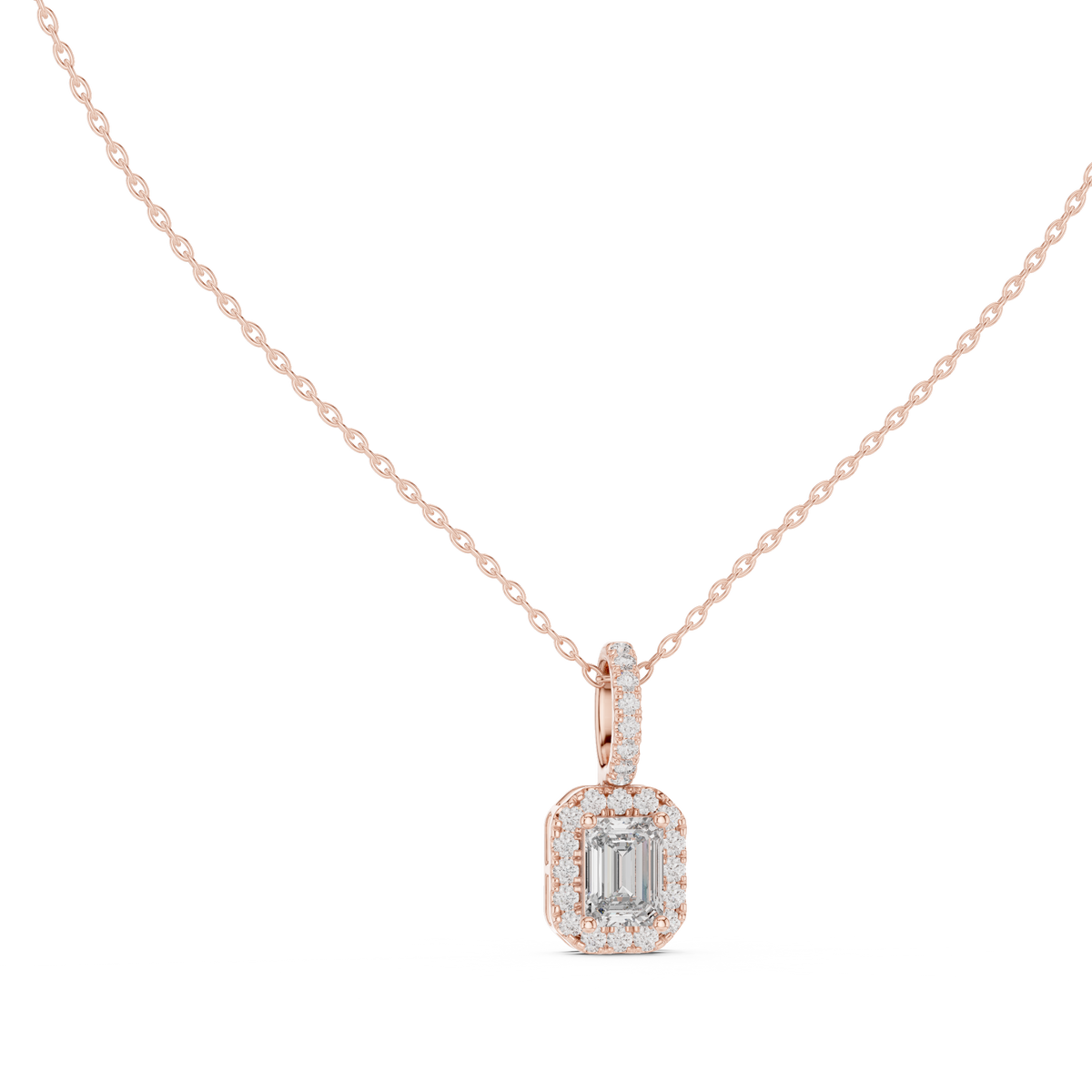 Emerald-Centre Round Diamond Halo Pendant with Lab-Grown Diamonds - Rose Gold