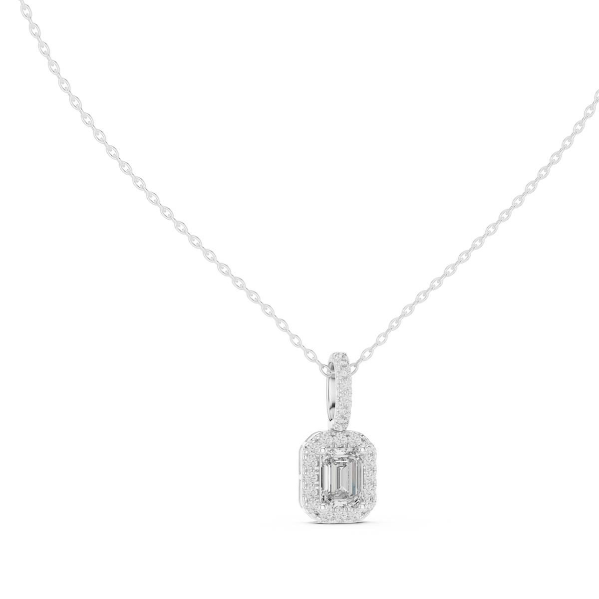 Emerald-Centre Round Diamond Halo Pendant with Lab-Grown Diamonds - White Gold