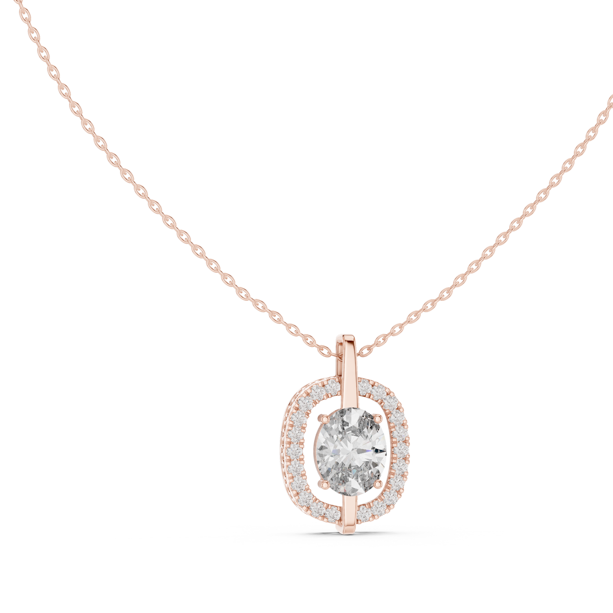 Oval Centre Round Diamond Halo Pendant with Lab-Grown Diamonds - Rose Gold