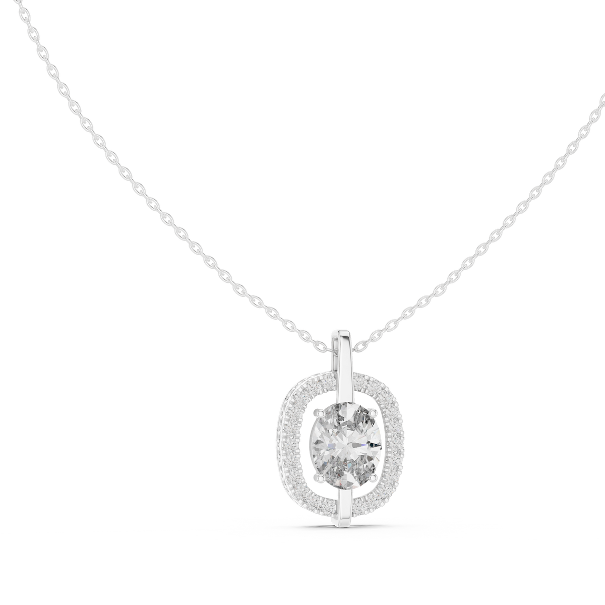 Oval Centre Round Diamond Halo Pendant with Lab-Grown Diamonds - White Gold